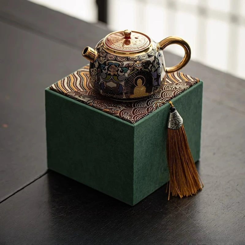 Dunhuang Gold & Silver Inlay Black Thangka Glaze Taotie Teapot for Gongfu Tea Ceremony Home Gift