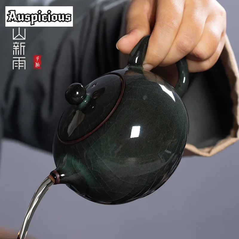 300ml Ge Kiln Ice Cracked Iron Body Teapot Handamde Longquan Celadon Xishi Pot Household Tea Soaking Kettle Teaware Gift Box