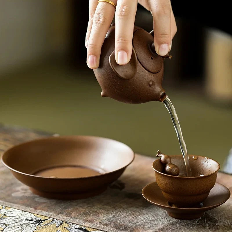 Handmade Little Golden Pig Treasure Bottle Coarse Pottery Teapot Aesthetic Tea Infuser Pot Tea Soaking Kettle With Filter Teaset