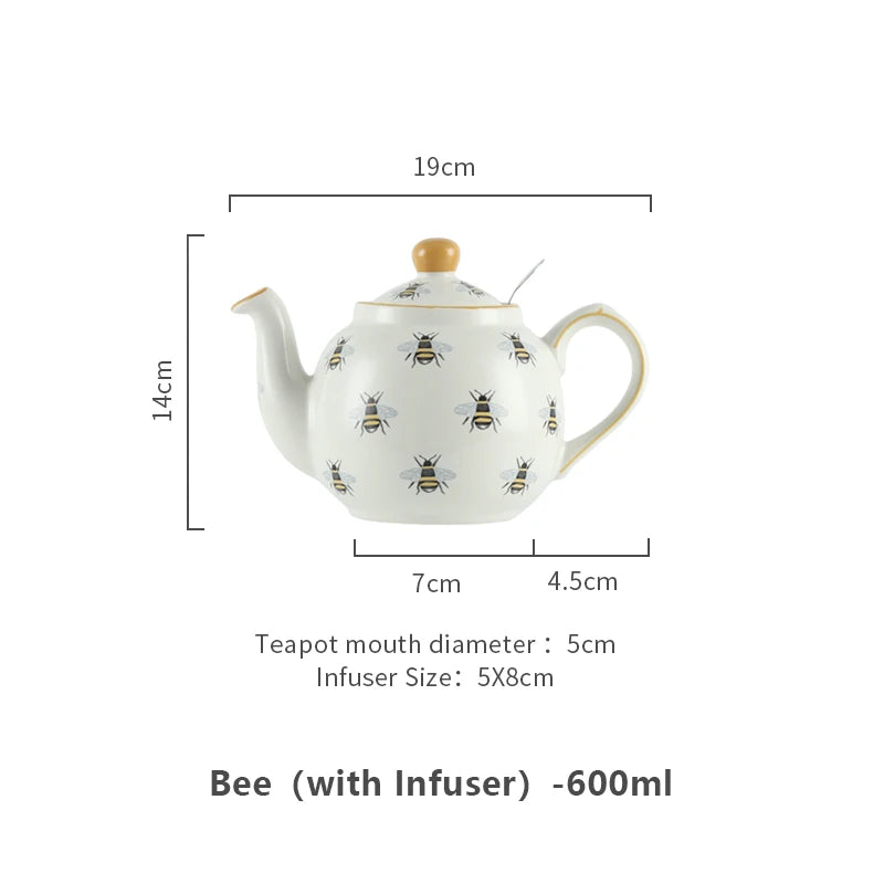 London Pottery 600ML Animal bee ceramic teapot with stainless steel infuser 1200ml porcelain tea pot and 220ml cup and saucers